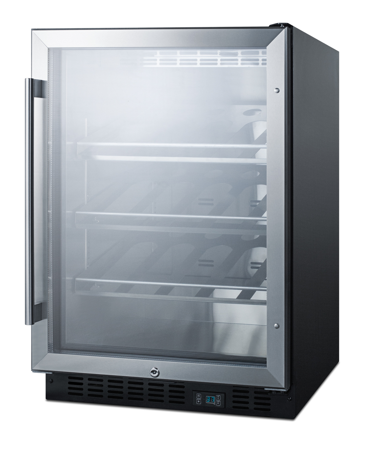 Built-in undercounter commercially listed wine cellar with stainless steel interior, champagne shelving, digital controls, and black cabinet